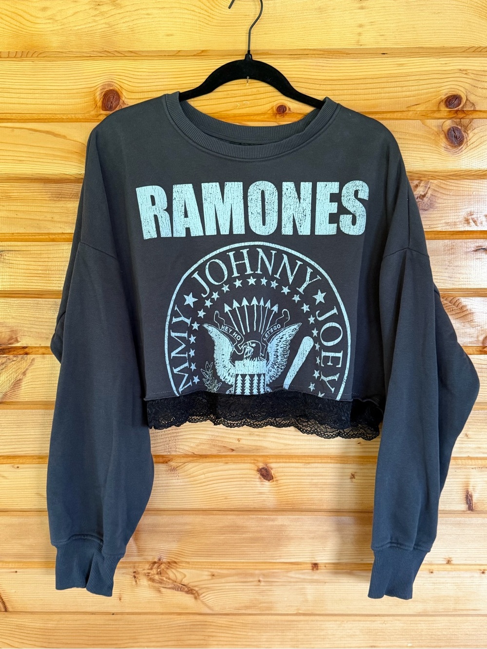 Black Ramones Graphic Cropped Sweatshirt with Lace Trim Size Large